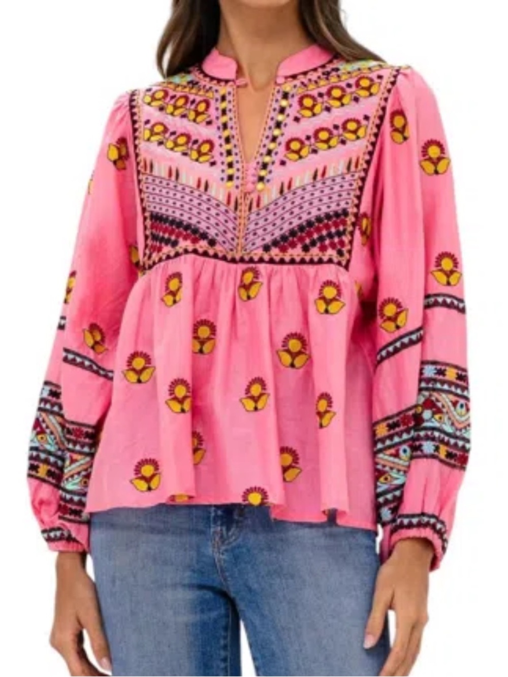 Oliphant Balloon Sleeve Embroidered Top in Santa Fe pink